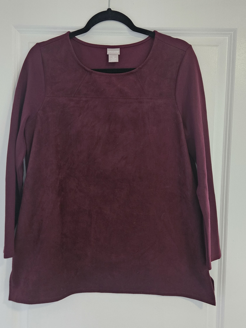 Chico's Maroon 3/4 Sleeve Faux Suede-Front Top - Size 1P